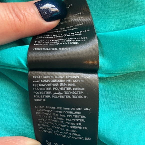 Bebe Teal Sleeveless V-Neck Flutter Trim Open Back Cocktail Dress, Size 12 - Picture 6 of 8